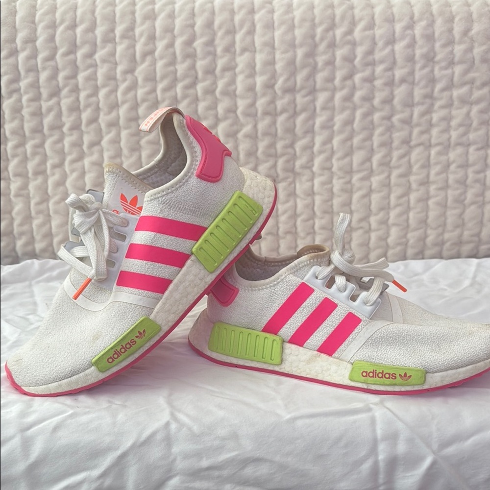 Adidas White and Pink Shoes with Green Highlights